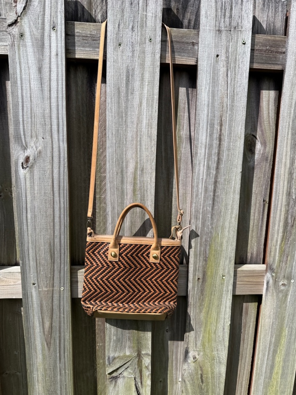 Miss Albright Tan & Black Woven Chevron Crossbody Bag
